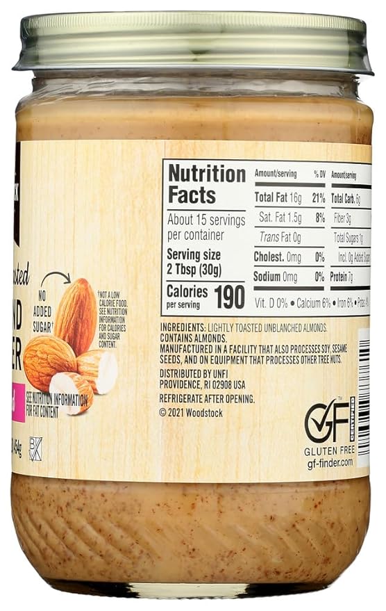 Woodstock Almond Butter - Lightly Toasted - Unsalted - Case of 12 - 16 oz.