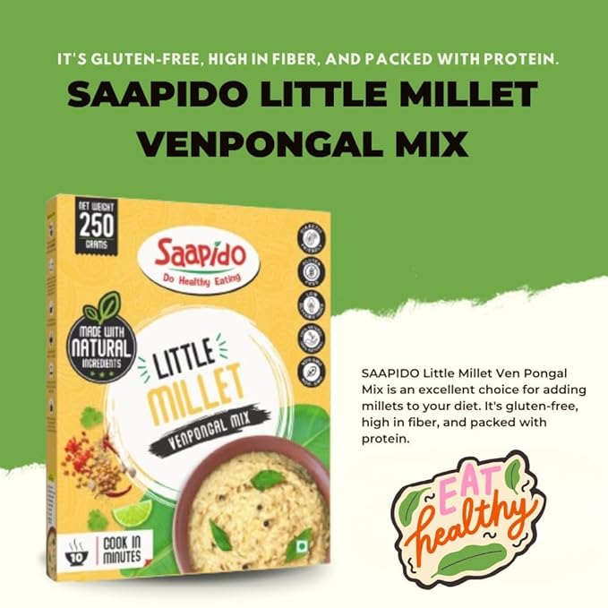 SAAPIDO Little Millet Pongal Mix | Ready to Cook Instant South Indian Breakfast | Healthy Instant Mix for Traditional Taste | (100% Natural Low GI Gluten Free &amp Diabetics Friendly Food) (0.55 lb