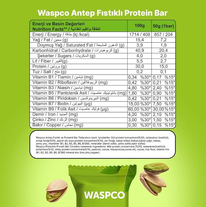 (12 Count) Protein Bars PISTACHIO Gluten Free with 15g Protein and 2g Sugar 50G