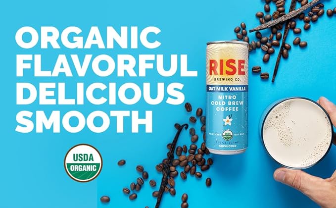 RISE Brewing Co. Vanilla Oat Milk Nitro Cold Brew Coffee No Sugar Added &amp No Dairy Organic &amp Non-GMO Low Acidity &amp Vegan 7 Fl. Oz. Cans