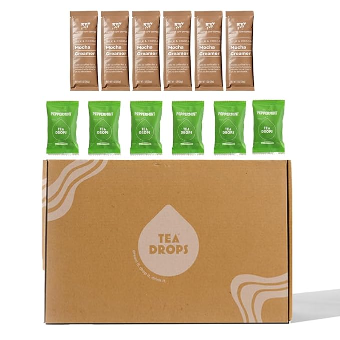 Tea Drops Cocoa Mint Latte Kit | Organic Bagless Tea | Iced or Hot | Caffeine-Free and Microplastic-Free Peppermint Mocha Creamer | Gift Set (2 Pack 6 Servings)