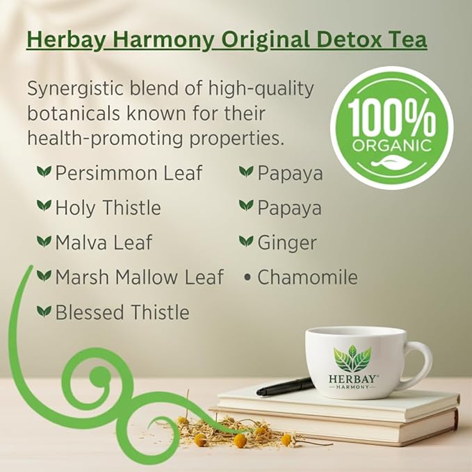 Herbay Harmony Organic Detox Tea – Caffeine-Free Herbal Cleanse for Bloating Relief Digestive Tea &amp Natural Body Detox Organic Herbal Blend with Ginger Chamomile &amp Papaya - 24 Pack (24 Week