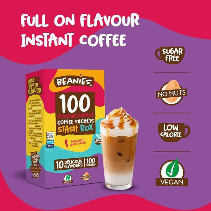 Beanies 100 Instant Coffee Packets – Variety Pack - Individual Coffee Singles – 10 Flavors for A Bold &amp Adventurous Coffee Gift Basket100 Stick Mix