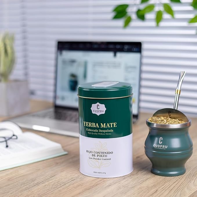Yerba Mate CUOPRU Traditional Argentinian Mate Tea Low Tea Powder Original Leaves without Stems Included Portable Storage Container(Green Traditional)