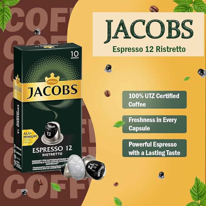 Jacobs Espresso 12 Ristretto 10x10 CAPSULES Coffee Capsules Compatible with (057 USD/1 CAP)