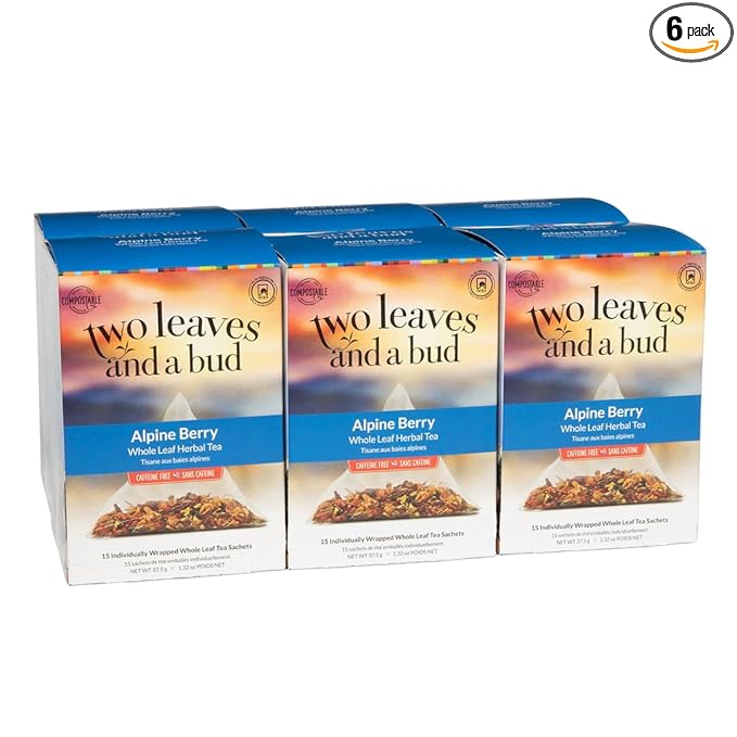 Two Leaves and a Bud Alpine Berry Herbal Tea Bags Naturally Caffeine Free Whole Leaf Herbal Tea with Hibiscus in Sachets 15 Count (Pack of 6)