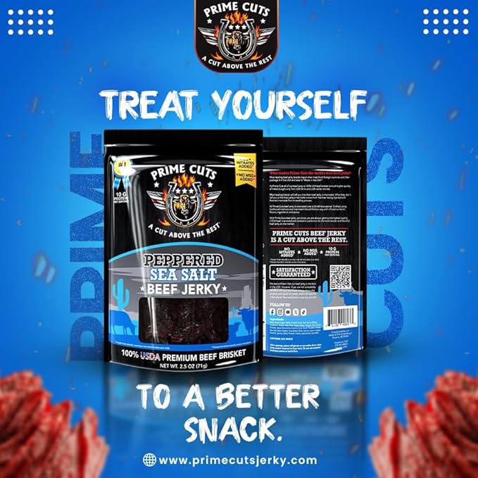 Prime Cuts Peppered Sea Salt Beef Jerky | USDA Prime Brisket | Classic Black Pepper and Sea Salt Flavor | High-Protein Low-Fat Snack | No Artificial Ingredients | Perfect Anytime