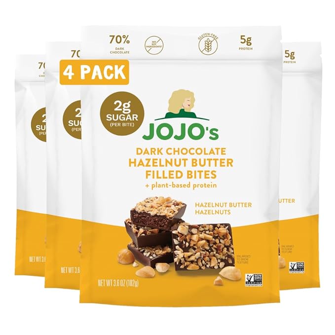 JOJO's Dark Chocolate Hazelnut Filled Healthy Snack Low Sugar Low Carb Gluten Free Paleo &amp Keto Friendly Made with Plant Based Hemp Protein Vegan (4 Count)