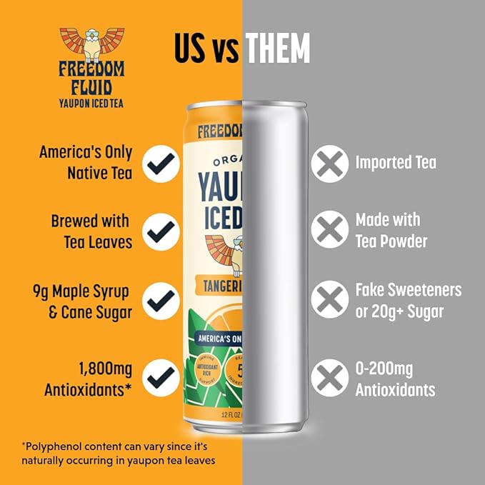 Freedom Fluid Organic Yaupon Iced Tea – Tangerine Mint | Herbal Tea Drink | Lightly Sweetened Low Sugar Low Calories Real Brewed Tea Clean Ingredients Antioxidant Rich Natural Caffeine 12 Pack