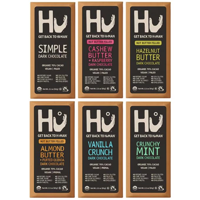 HU Dark Chocolate Bars Variety Pack 6 Count – Simple Cashew Buter Raspberry Hazelnut Btr Almond Butter &amp Puffed Quinoa Vanilla Crunch &amp Crunchy Mint – Premium Dark Chocolate Bars