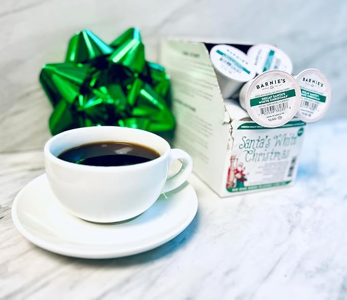 Barnie's Coffee Santa's White Christmas Decaf Single Serve Coffee Pods with Coconut Vanilla and Caramel Flavors Medium Roast Arabica Coffee Beans Compatible with Keurig Brewers 48 Count