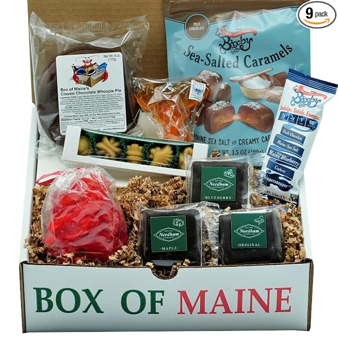 Box of Maine Candy Sweet Tooth Box - Moose Lollipop Lobster Gummies Maple Candy Original Maine Needhams Bixby Blueberry Bar Bixby Chocolate Caramels Chocolate Whoopie Pie