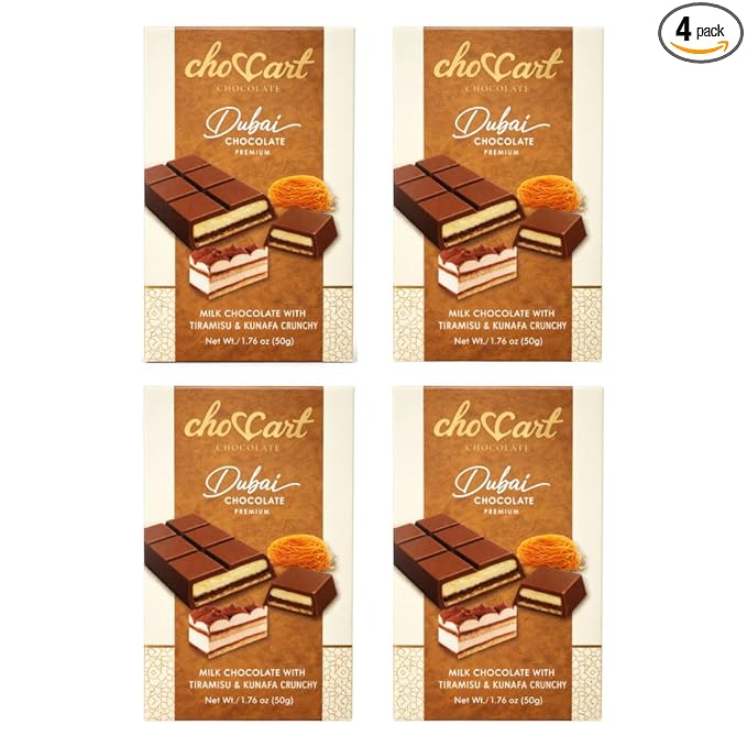 choccart Assorted Dubai Chocolate Bars – 4 Pack Bundle | Premium Milk Chocolate Variety Pack | Mango Pistachio Strawberry &amp Tiramisu | 4 x 20g | Made in UAE (Tiramisu)
