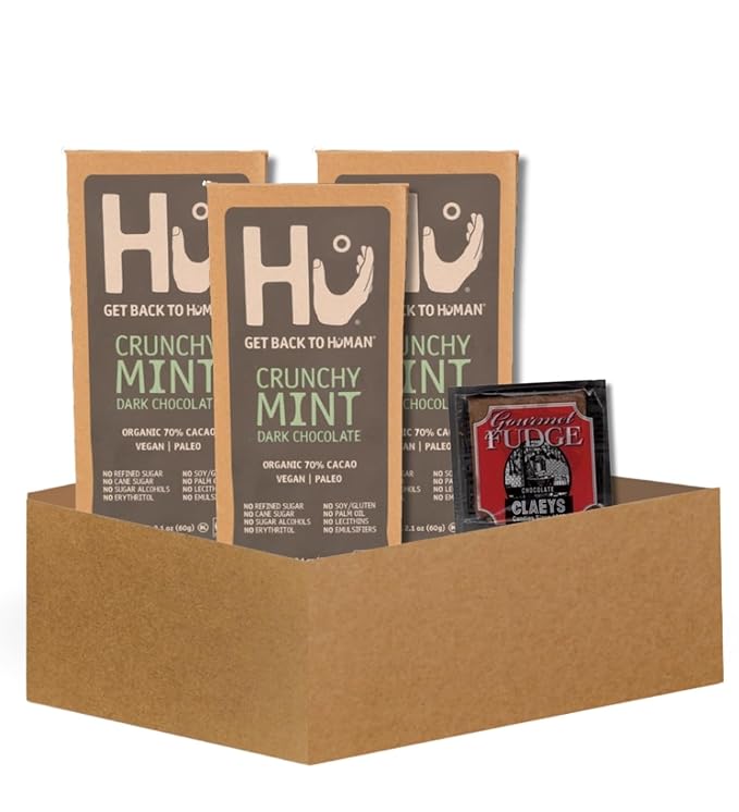 3x Hu Chocolate Crunchy Mint 2.1 oz Bundle with Claeys Old Fashioned Chocolate Fudge 1.75 oz – Organic and Vegan Bars for Snacking – Gift Set (4 Items)