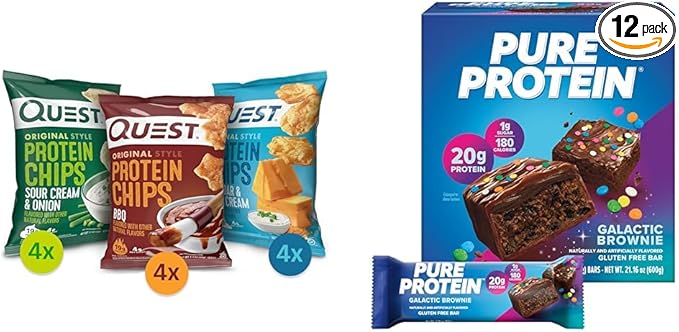 Quest Nutrition Protein Chips &amp Pure Protein Brownie Bars Variety Pack High Protein Gluten-Free Low Carb Snack Bars 1.1 Ounce &amp 12 Count