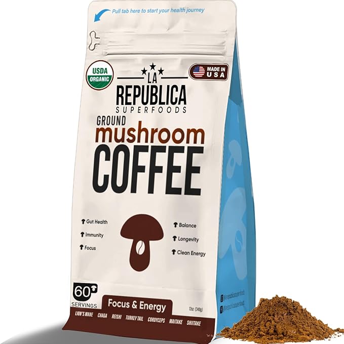 La Republica Ground Mushroom Coffee Organic Fair Trade Arabica with Superfood Mushrooms (Medium Roast 60 Servings)