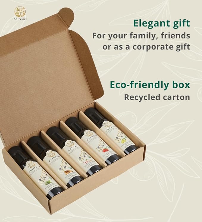 Flavored Olive Oil Gift Set - Organic Extra Virgin Olive Oil Sampler. Perfect Flavored Variety Pack for Italian Gifts Lovers and Foodies. Box 5 x 3.45 Fl.Oz.