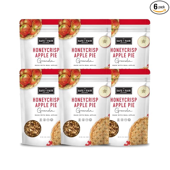 Safe + Fair Honeycrisp Apple Pie Granola – Gluten-Free Vegan &amp Plant-Based Snack with Real Honeycrisp Apples Whole Grains Non-GMO Kosher No Preservatives - 12oz 6 Pack