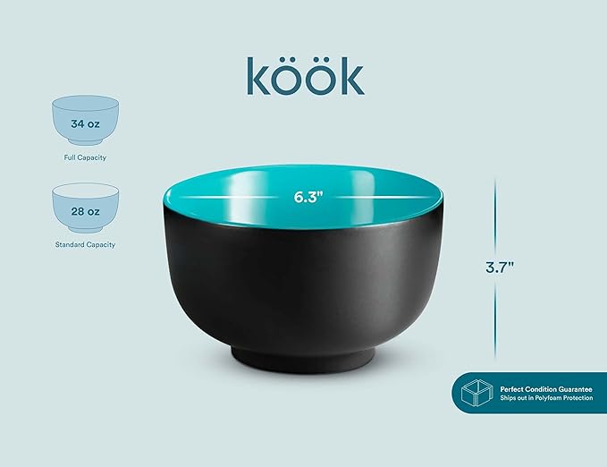 KooK Ramen Bowl Japanese Bowls Noodle Bowls Large Soup Bowl Ceramic Large Capacity For Ramen Pho Udon Soba Microwave and Dishwasher Safe 34 oz Set of 4 (Black/Teal)