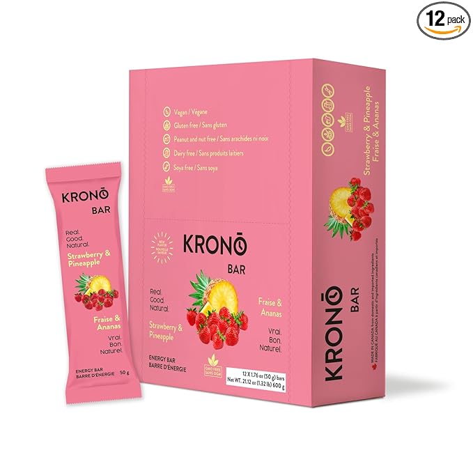 Krono Nutrition Energy Bar - Made with Natural Ingredients - Vegan - Gluten Free - Nuts Free - Soy Free - 50 gram per bars - 12 bars per box (12 count Strawberry &amp Pineapple)