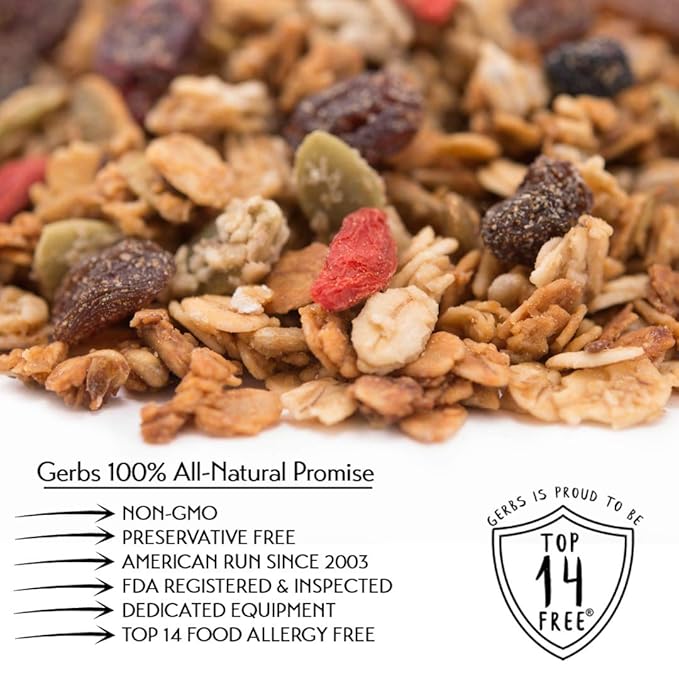Gerbs Super 5 Fruit Granola 2 LBS - Top 14 Food Allergy Free &amp Non GMO - Unsulfured &amp Keto Safe - Cranberry Blueberry Goji Berry Cherry Raisin