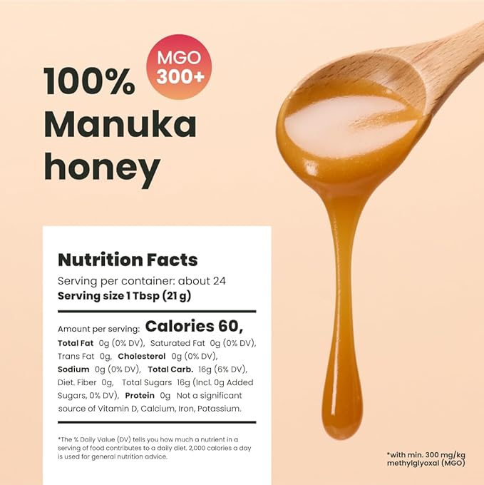 Liberty Orchards Premium Manuka Raw Honey MGO 300+ by New Zealand Non-GMO Gluten Free Daily Wellness Support Natural Sweetness HONEY Plant-Based 500g(17.6 oz)