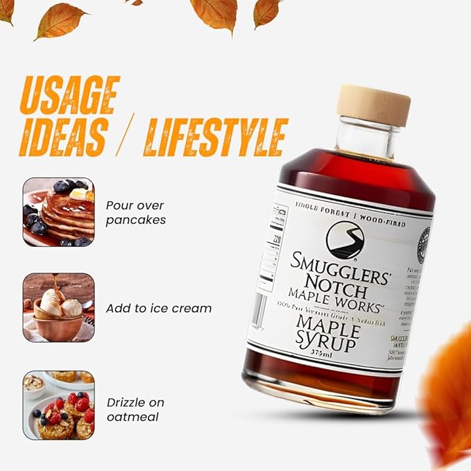 Smugglers’ Notch Maple Works – Single Forest Wood Fired – 100% Pure Vermont Maple Syrup – Natural Sweetener &amp Gluten Free – Rich Taste – Waffles and Pancakes Cocktails Marinades 12.68 Fl Oz. (3