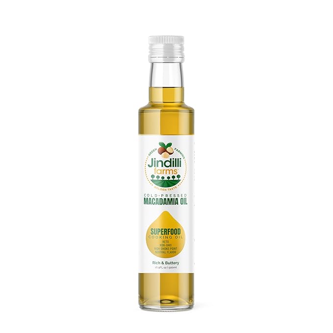 Jindilli Farms Macadamia Nut Cooking Oil- Australian Pure Cold Pressed Oil Unrefined Natural High Smoke Point for Frying Non GMO Vegan Keto Friendly and Gluten Free (16.9 fl oz)
