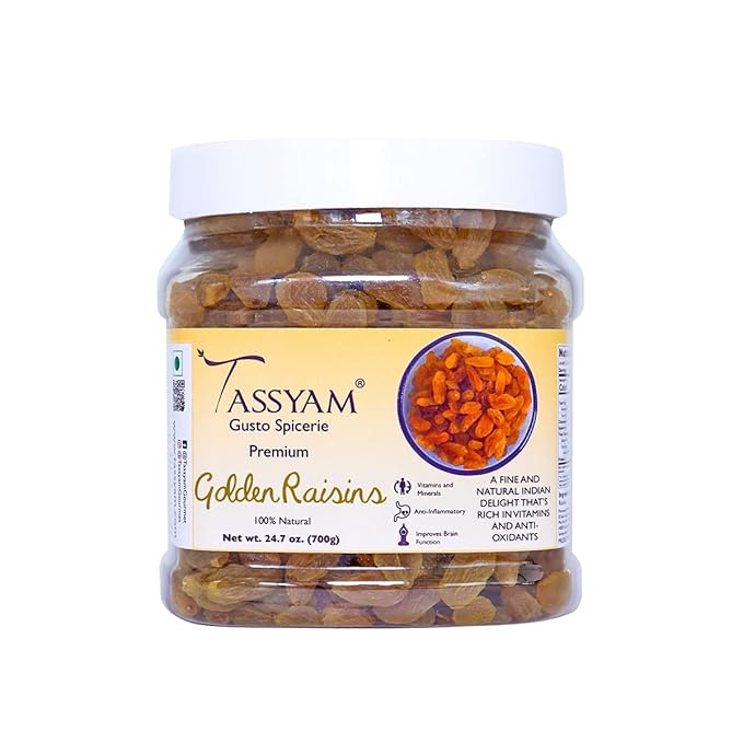 Tassyam Golden Raisins Healthy Juicy Hand-Sorted Jumbo Indian Kishmish Jar 700g