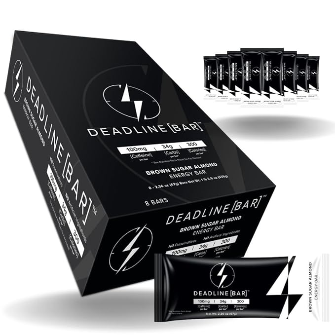 Deadline Bar Caffeinated Energy Bar Brown Sugar Almond 8pk - 100mg Caffeine - 10g Protein - 34g Carbs - 300 Calories - All Natural - No Artificial Ingredients - No Preservatives