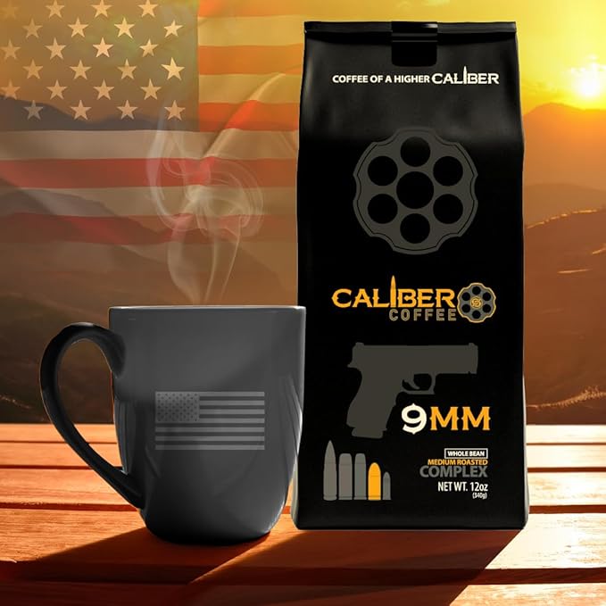 Caliber Coffee 9MM Ground Medium Roast – Complex Nutty Caramel Flavors – 100% Artisan Roasted Arabica Coffee – Small-Batch Hand-Crafted – Veteran Owned – 12oz Bag