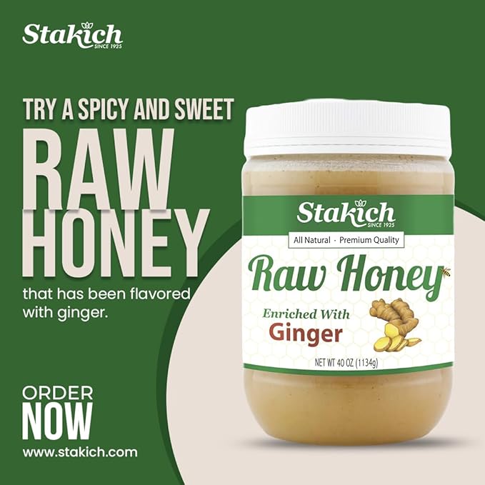 Stakich Ginger Enriched Raw Honey - Pure Unprocessed (40 Ounce)