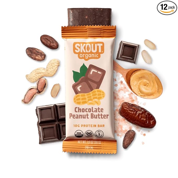 Skout Organic Plant-Based Protein Bars Chocolate Peanut Butter (12 Pack) 10g Protein - Vegan Protein Bars - Only 5 Ingredients - Easy Snack - Gluten Dairy &amp Soy Free