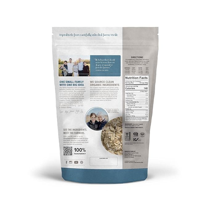 One Degree Organic Foods Sprouted Quick Oats USDA Organic Non-GMO Gluten Free Oatmeal 24 oz. 8 Pack