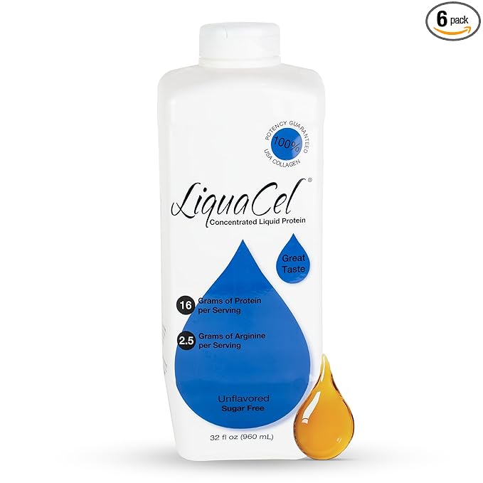 LiquaCel Concentrated Liquid Protein Unflavored Ready-to-Drink 16g Hydrolyzed Collagen Protein and 2.5g Arginine Per 1oz Serving Sugar &amp Gluten Free 32 fl oz Bottle Case of 6