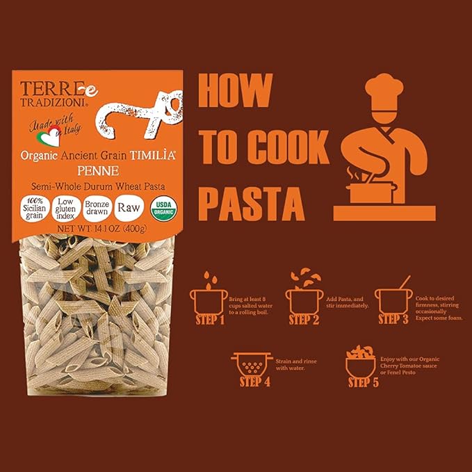 TERRE E TRADIZIONI 6 PACKS ORGANIC ITALIAN SEMI WHOLE DURUM WHEAT PENNE PASTALOW-GLUTEN INDEX. Has 6X More Fiber and Protein than Popular Grains. Al dente texture. Farm Fresh from Sicily Italy