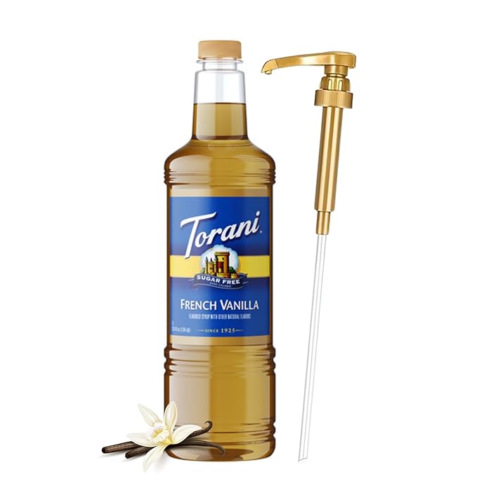 Torani Sugar Free French Vanilla Syrup 1 Liter Bottle with Pump Dispenser – Zero Calorie Flavored Coffee Syrup for Lattes Cold Brews Teas Cocktails &amp Desserts – Keto Friendly