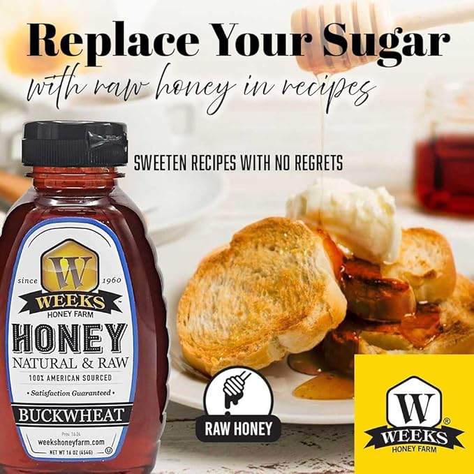 Pure Raw Unfiltered Buckwheat Honey 16 oz (6 Pack) - Premium Dark American Buckwheat Honey by Weeks Honey Farm | Bold Molasses Flavor