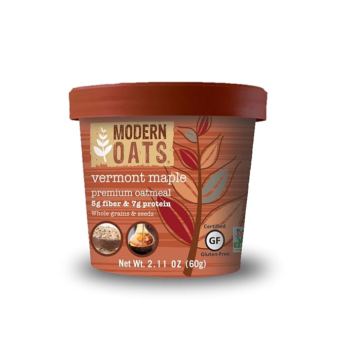 Modern Oats Vermont Maple Instant Gluten-Free Oatmeal Cups with Protein Vegan Non-GMO Fiber Whole Grain Oats with Real Vermont Maple Sugar &amp Seeds Lid included 2.6oz (Pack of 12)