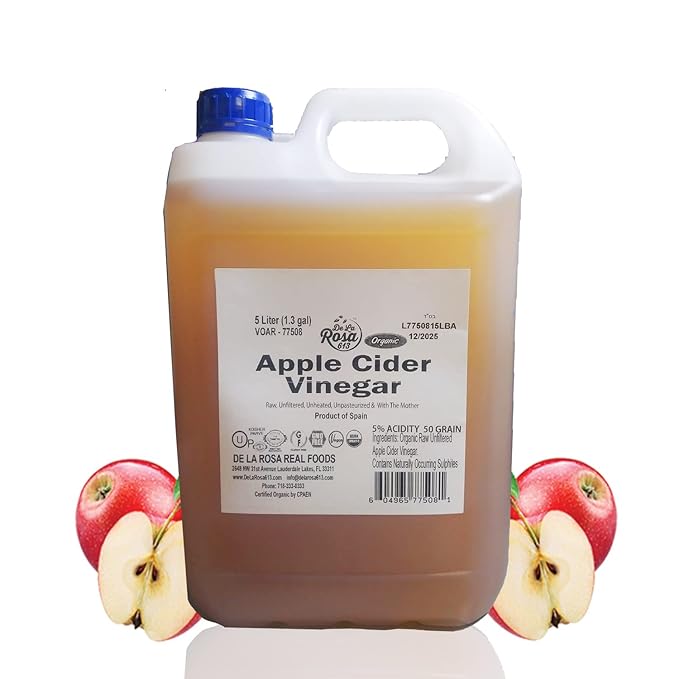 De La Rosa Organic Apple Cider Vinegar Raw &amp Unfiltered Kosher for Passover Vegan &amp Gluten Free Great for Salad Dressing &amp Marinades Apple Cider with The Mother 5 Liter (Pack of 1)
