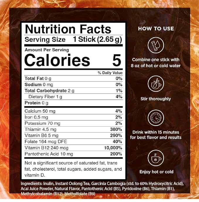 VitaCup Slim Instant Tea Packets For Diet Support Oolong tea w/B Vitamins Garcinia Inulin &amp Acai On-the-go Instant Sticks 24 Ct