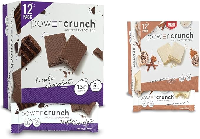 Power Crunch Protein Wafer Bars High Protein Snacks Triple Chocolate 1.4 Ounce (12 Count) and Cinnamon Roll 1.4 Ounce (12 Count)