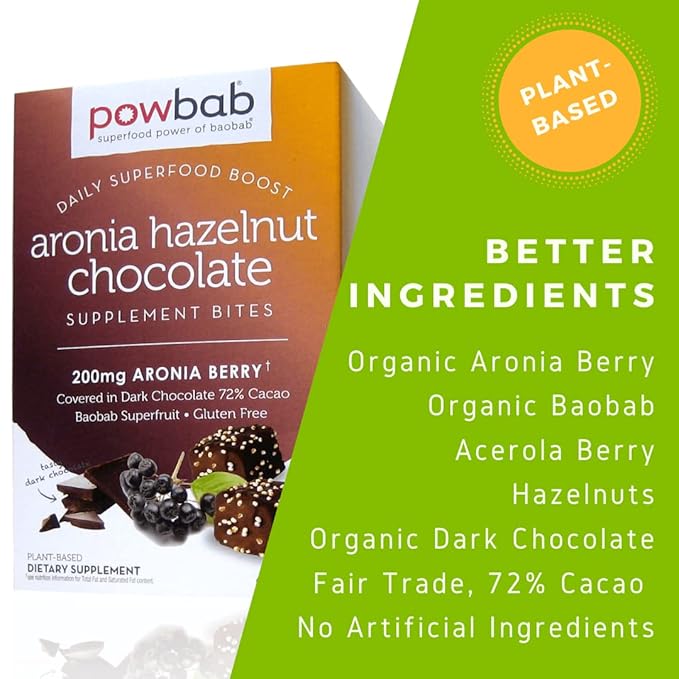 powbab Aronia Hazelnut Chocolate Bites - Organic Aronia Berry. 33% Less Sugar. Organic Dark Chocolate 72% Cacao Fair Trade. Immune Support Vitamin C Baobab. Gluten Free Cookies (42 count)