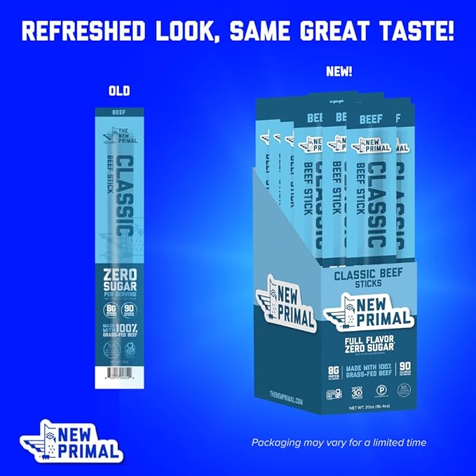 The New Primal Grass Fed Beef Sticks Keto Gluten Free Healthy Snacks for Adults Sugar Free Low Carb High Protein Snack Paleo Whole30 Jerky Meat Stick 8g Protein 90 Calories 20 Pack