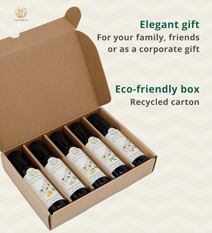 Gift set of 5 infused olive oils (basil garlic lemon orange chili) and Hot Chili infused olive oil. Ideal EVOO combo for every healthy diet - COSTABILE