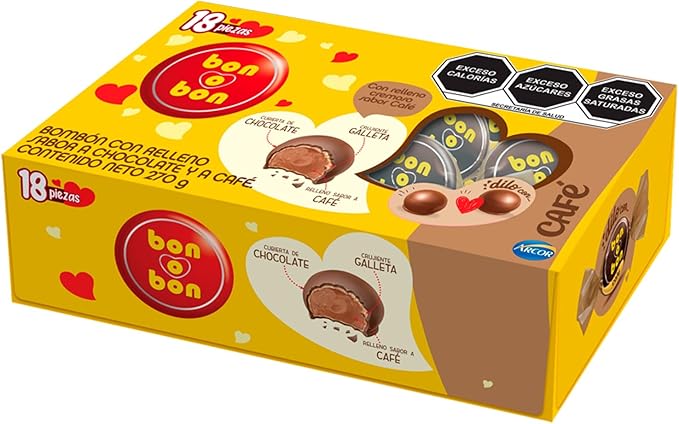 Arcor Bon O Bon with Chocolate and Coffee Flavor Filling and Wafer - Pack of 18 270g Authentic Mexican Candy with Free Kinder Bar