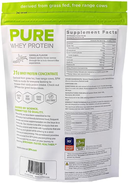 SFH Grass Fed Whey Protein Powder | Natural Whey Protein Concentrate | Non-GMO Soy-Free No Artificial Flavors | Protein Powder for Muscle &amp Recovery | Vanilla | Pack of 1