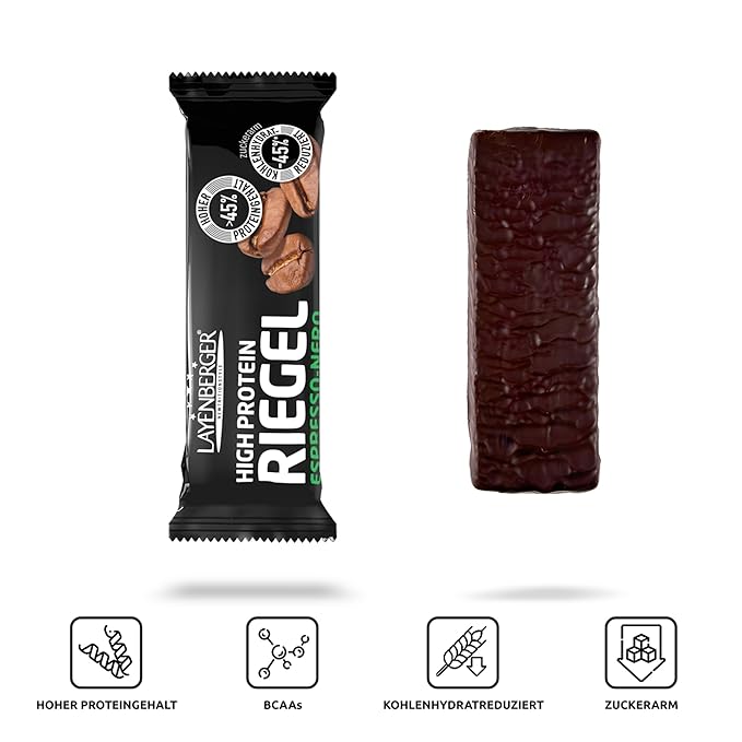 Layenberger High Protein Bar Fitness Power Bar Lots of Protein Low Sugar Pack of 18 (18 x 35 g) - Espresso-Nero