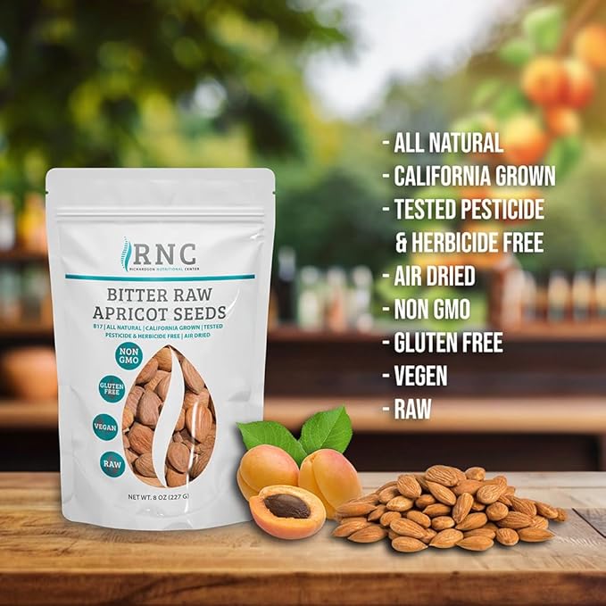 Richardson Nutritional Center Fresh Raw Bitter Apricot Seeds - California Grown Kernels with Amygdalin B Vitamins Minerals Protein - Lab Tested Vegan No Gluten or GMO - 8oz Bag