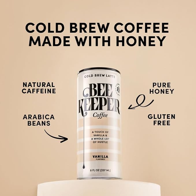 Beekeeper Vanilla Latte Cold Brew Coffee Drinks with Oregon Honey | 12 Pack Refreshing Iced Coffee - Unsweetened &amp Strong Arabica Brew 8 fl oz Ready-to-Drink Can - 180mg Natural Caffeine